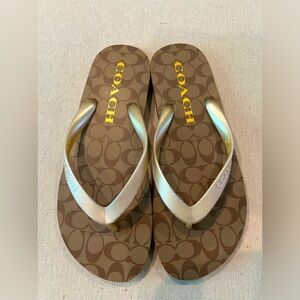 Coach Signature Brown/Gold Logo Flip Flops Size 9 New Without Tags